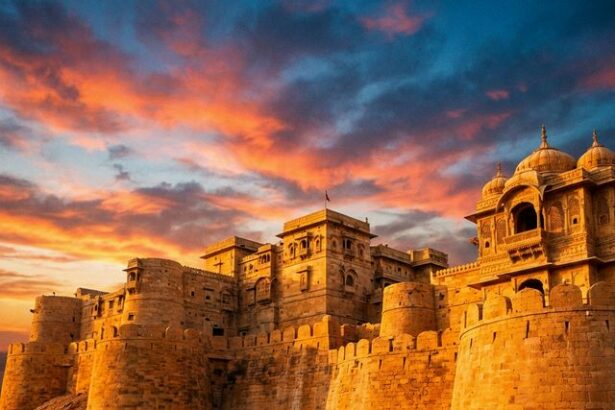 Golden sandstone fort in Rajasthan at sunset