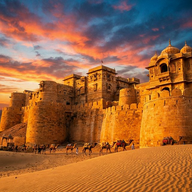 Golden sandstone fort in Rajasthan at sunset