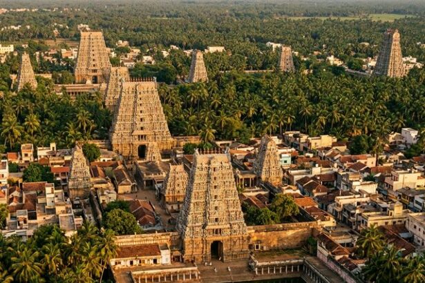 Dravidian temple town with gopuram towers, South India