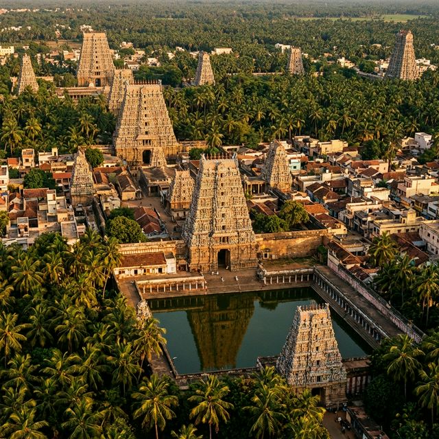 Dravidian temple town with gopuram towers, South India