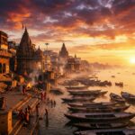 Sunrise over the ghats of Varanasi, boats on the Ganges