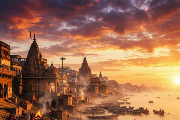 Sunrise over the ghats of Varanasi, boats on the Ganges