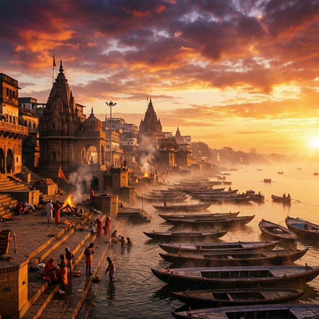 Sunrise over the ghats of Varanasi, boats on the Ganges